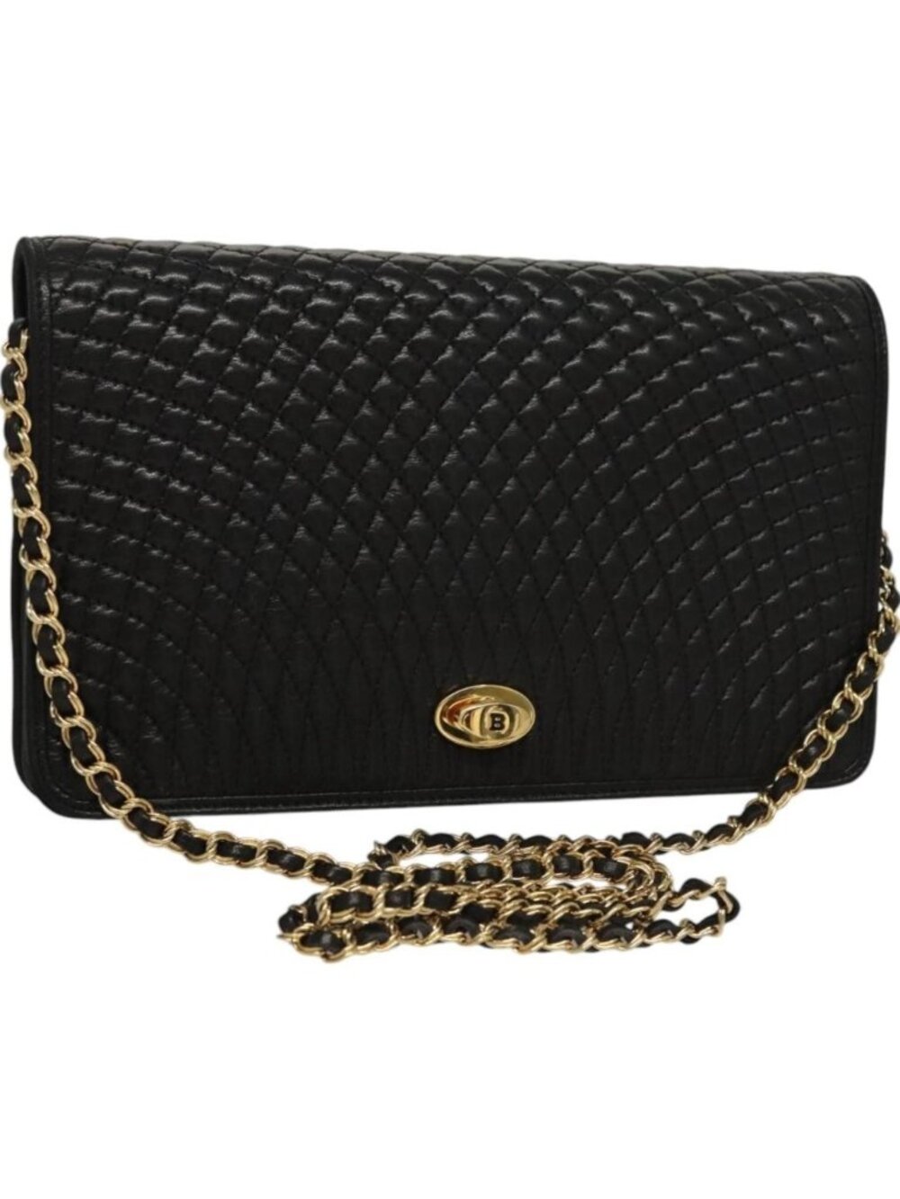BALLY Chain Shoulder Bag Leather Black Gold